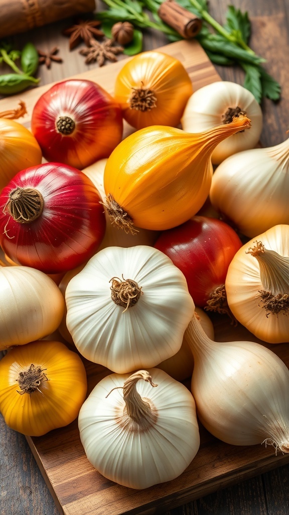 An assortment of fresh yellow, red, and white onions on a wooden cutting board.